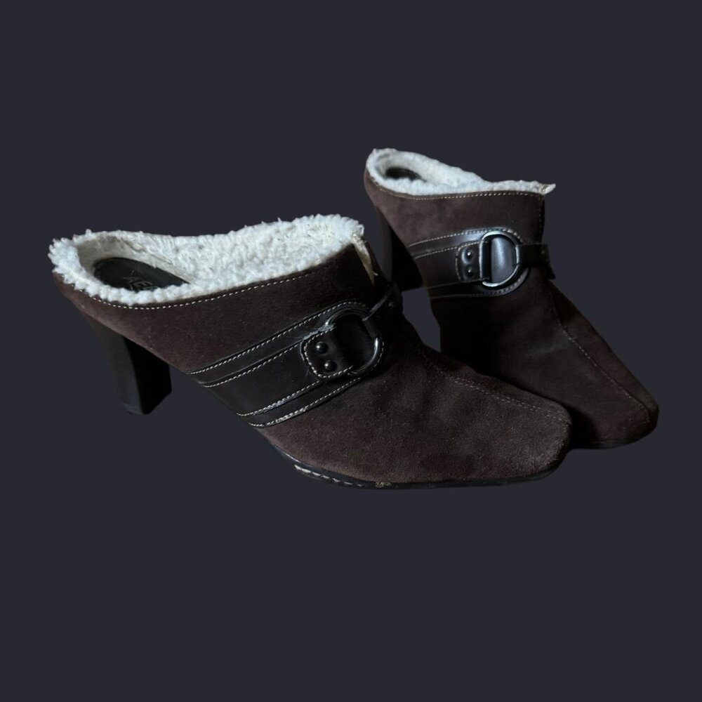 Vintage Sherpa Chocolate Brown Suede Mules with Buckle and Contrast Size 8 - Picture 1 of 7
